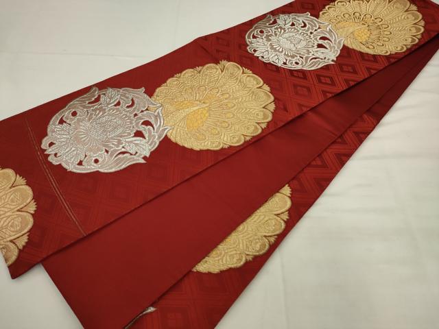 平和屋着物◎六通柄袋帯 唐織 孔雀花文 金銀糸 正絹 逸品 AABK2509pf