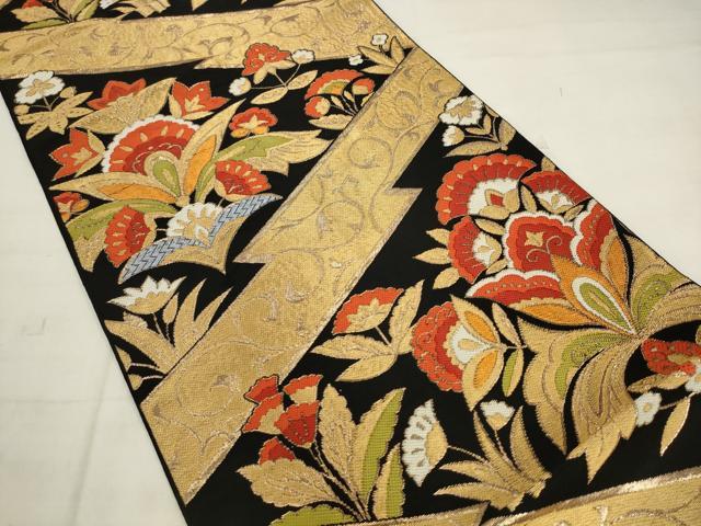 平和屋着物◎六通柄 本袋帯 唐織 更紗花文 黒地 正絹 逸品 AABK2523pf