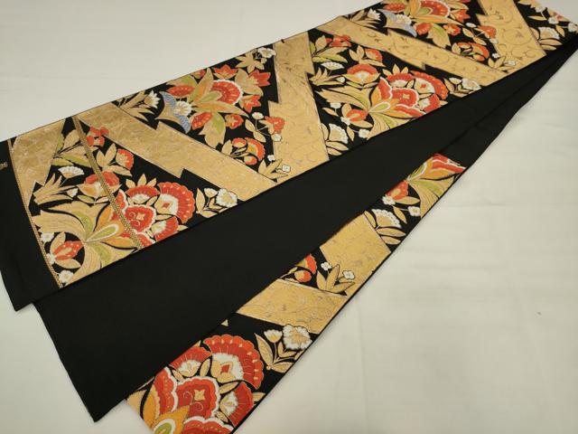 平和屋着物◎六通柄 本袋帯 唐織 更紗花文 黒地 正絹 逸品 AABK2523pf