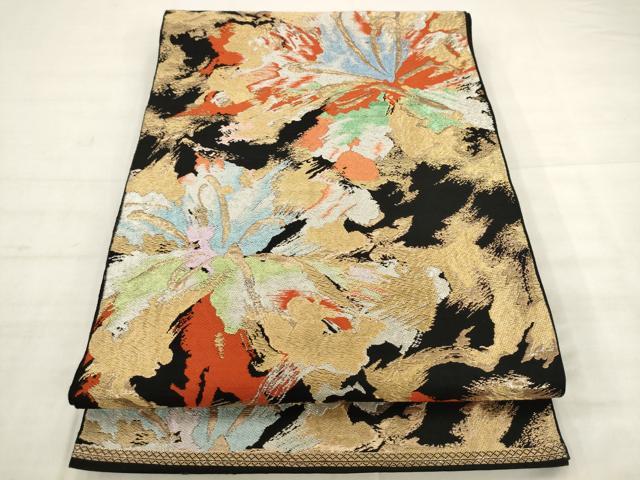平和屋着物◎六通柄袋帯 唐織 舞花文 黒地 金糸 正絹 逸品 AABK2525pf