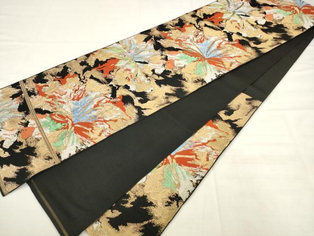 平和屋着物◎六通柄袋帯 唐織 舞花文 黒地 金糸 正絹 逸品 AABK2525pf
