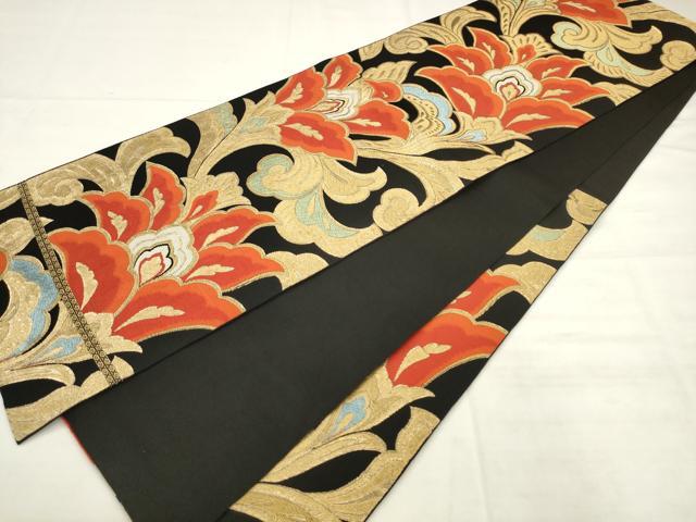 平和屋着物◎六通柄 本袋帯 唐織 更紗花文 黒地 金糸 正絹 逸品 AABK2528pf