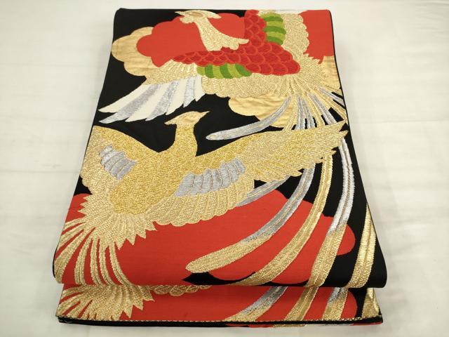 平和屋着物◎六通柄袋帯 唐織 鳳凰 黒地 金銀糸 正絹 逸品 AABK2529pf