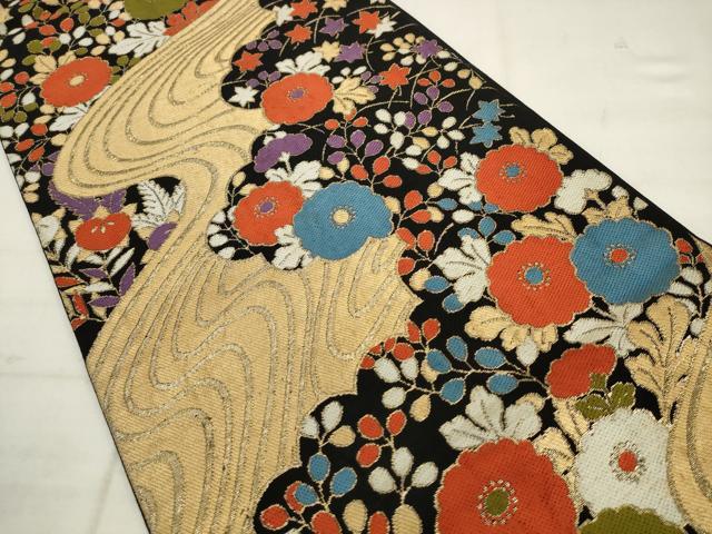 平和屋着物◎六通柄 本袋帯 流水草花文 黒地 金糸 正絹 逸品 AABK2531pf