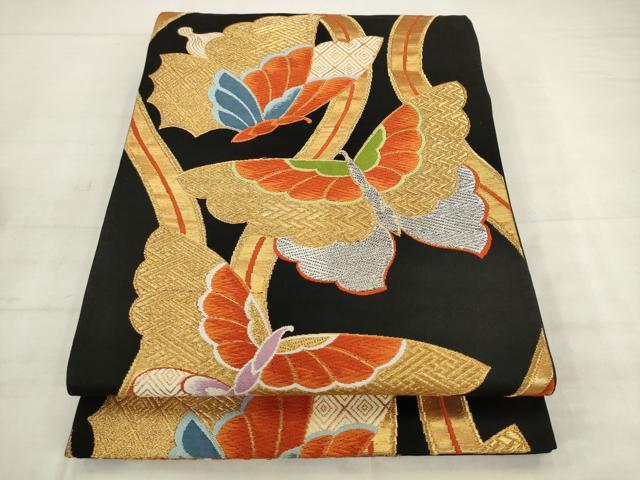 平和屋着物◎六通柄袋帯 唐織 立涌舞蝶文 黒地 金銀糸 正絹 逸品 AABK2535pf