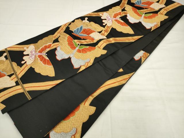 平和屋着物◎六通柄袋帯 唐織 立涌舞蝶文 黒地 金銀糸 正絹 逸品 AABK2535pf