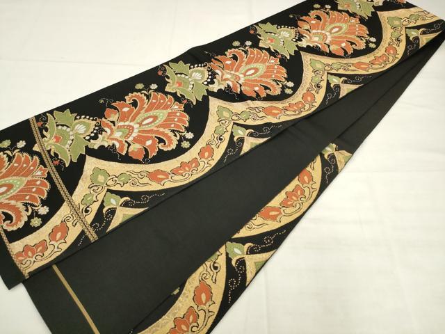 平和屋着物◎六通柄袋帯 唐織 更紗花文 黒地 金糸 正絹 逸品 AABK2536pf