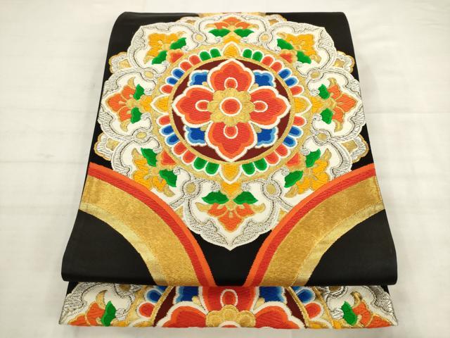 平和屋着物◎六通柄袋帯 唐織 飾花文 黒地 金銀糸 正絹 逸品 AABK2537pf