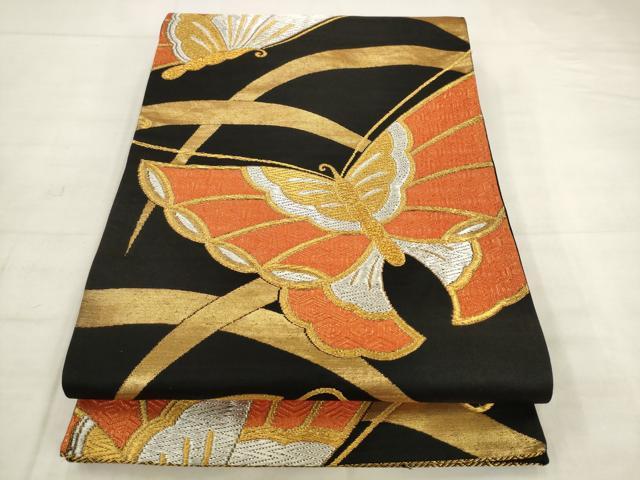 平和屋着物◎六通柄袋帯 舞蝶文 黒地 金銀糸 正絹 逸品 AABK2540pf