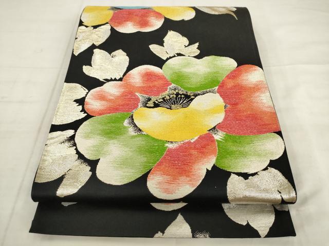 平和屋着物◎六通柄袋帯 舞花文 黒地 金銀糸 正絹 逸品 AABK2541pf