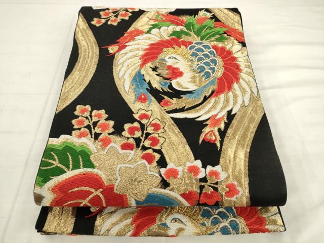 平和屋着物◎六通柄袋帯 唐織 立涌鳳凰花文 黒地 金糸 正絹 逸品 AABK2543pf