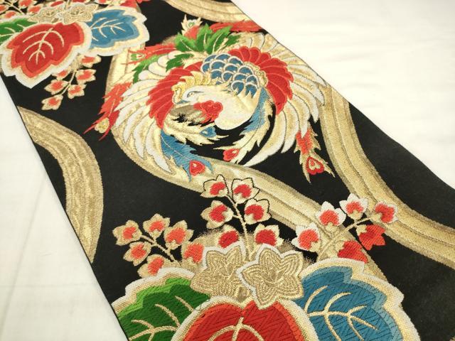 平和屋着物◎六通柄袋帯 唐織 立涌鳳凰花文 黒地 金糸 正絹 逸品 AABK2543pf