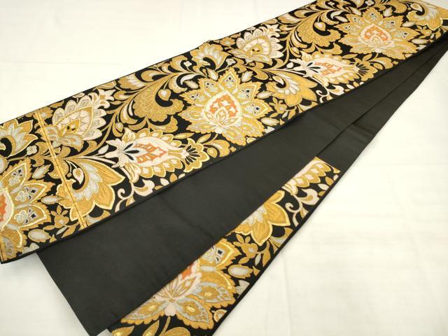 平和屋着物◎六通柄袋帯 更紗花文 黒地 金糸 正絹 逸品 AABK2544pf