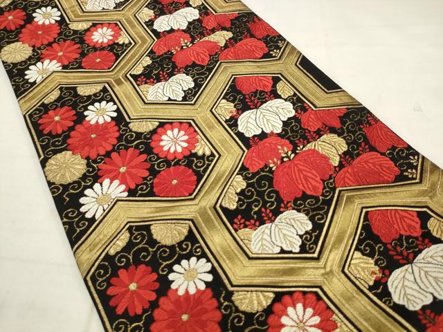 平和屋着物◎六通柄袋帯 唐織 草花文 黒地 金糸 正絹 逸品 AABK2545pf