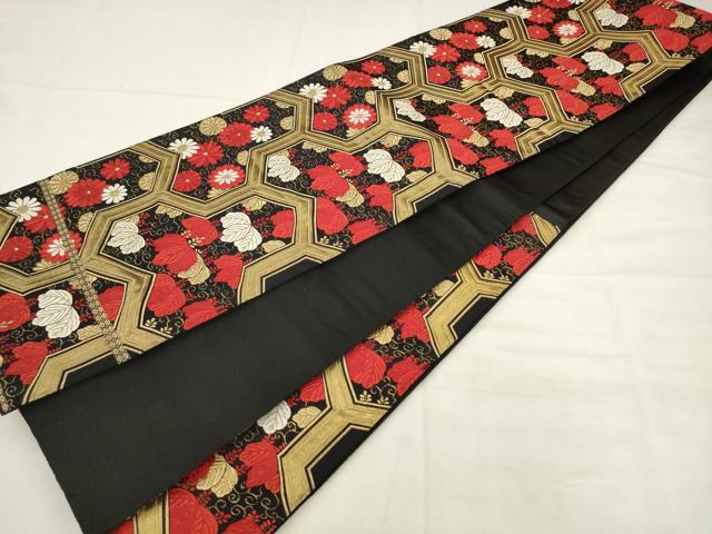 平和屋着物◎六通柄袋帯 唐織 草花文 黒地 金糸 正絹 逸品 AABK2545pf