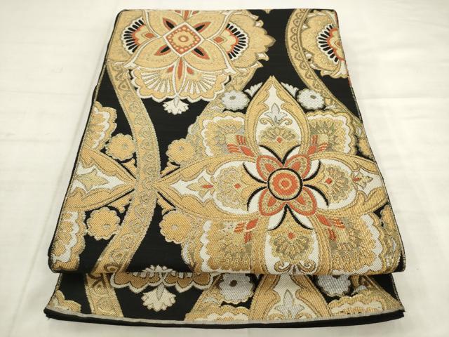 平和屋着物◎六通柄袋帯 立涌花文 黒地 金糸 正絹 逸品 AABK2546pf