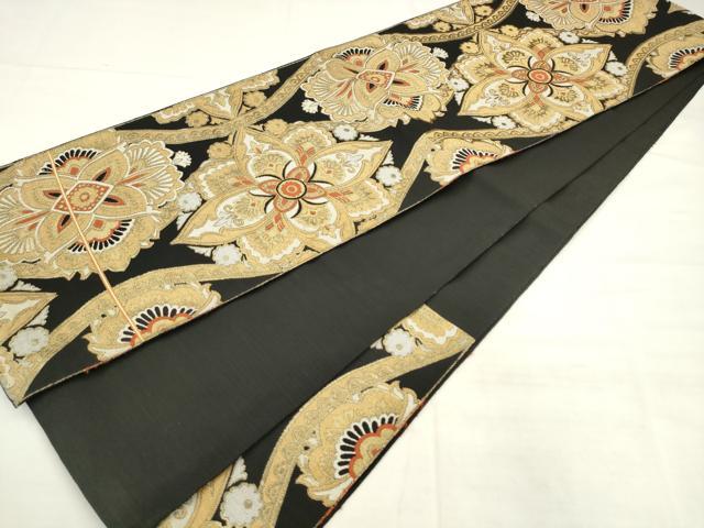 平和屋着物◎六通柄袋帯 立涌花文 黒地 金糸 正絹 逸品 AABK2546pf
