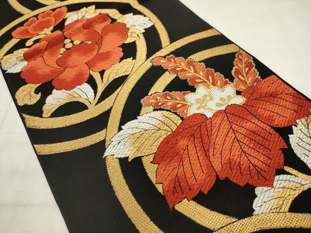 平和屋着物◎六通柄 本袋帯 唐織 草花丸文 黒地 金糸 正絹 逸品 AABK2548pf