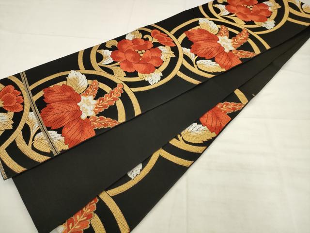 平和屋着物◎六通柄 本袋帯 唐織 草花丸文 黒地 金糸 正絹 逸品 AABK2548pf