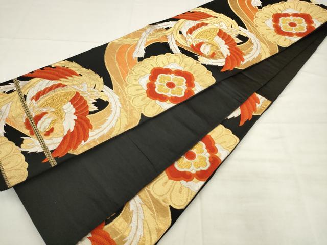 平和屋着物◎六通柄袋帯 唐織 鳳凰花文 黒地 金銀糸 正絹 逸品 AABK2553pf