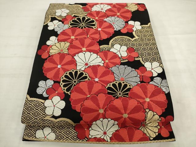 平和屋着物◎六通柄袋帯 唐織 雲取り花文 黒地 金銀糸 正絹 逸品 AABK2557pf