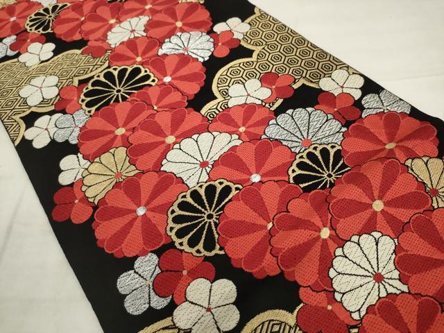 平和屋着物◎六通柄袋帯 唐織 雲取り花文 黒地 金銀糸 正絹 逸品 AABK2557pf