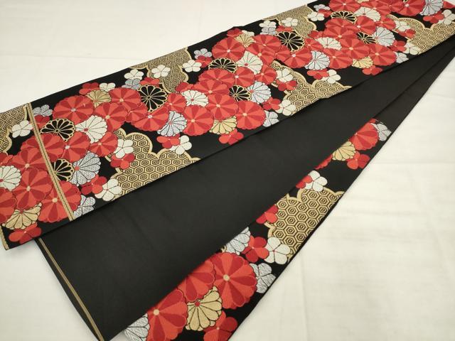 平和屋着物◎六通柄袋帯 唐織 雲取り花文 黒地 金銀糸 正絹 逸品 AABK2557pf