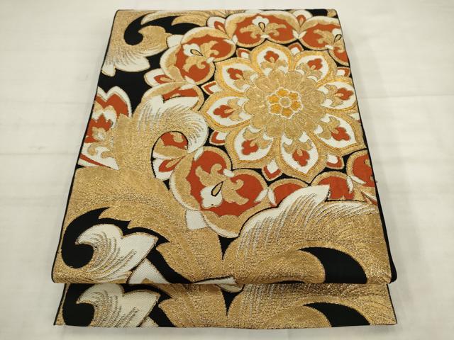 平和屋着物◎六通柄 本袋帯 唐織 更紗花文 黒地 金糸 正絹 逸品 AABK2561pf