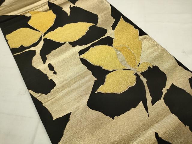 平和屋着物◎六通柄袋帯 枝花文 黒地 金糸 正絹 逸品 AABK2563pf