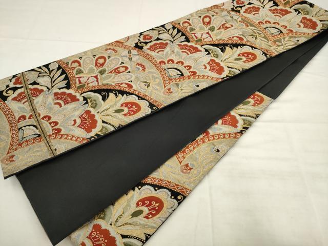 平和屋着物◎六通柄袋帯 更紗花文 黒地 金銀糸 正絹 逸品 AABK2564pf