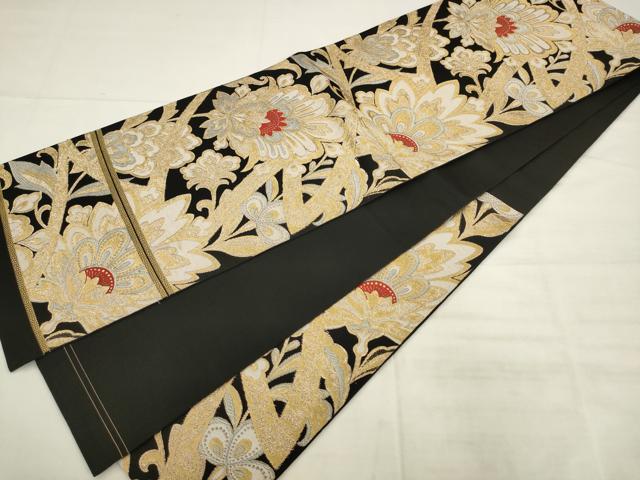 平和屋着物◎六通柄 本袋帯 唐織 都錦 更紗花文 黒地 金銀糸 正絹 逸品 AABK2567pf