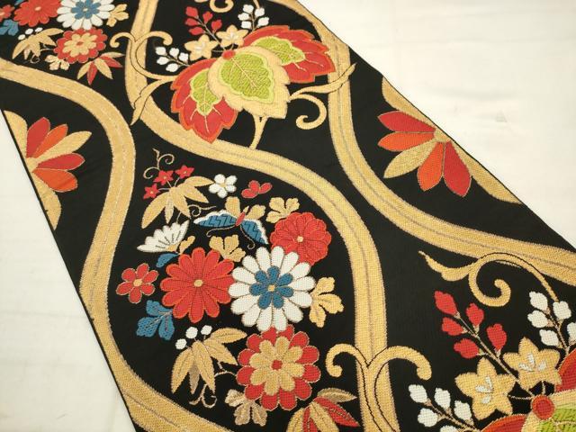 平和屋着物◎六通柄 本袋帯 唐織 立涌花蝶文 黒地 金糸 正絹 逸品 AABK2568pf