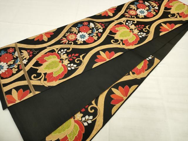 平和屋着物◎六通柄 本袋帯 唐織 立涌花蝶文 黒地 金糸 正絹 逸品 AABK2568pf