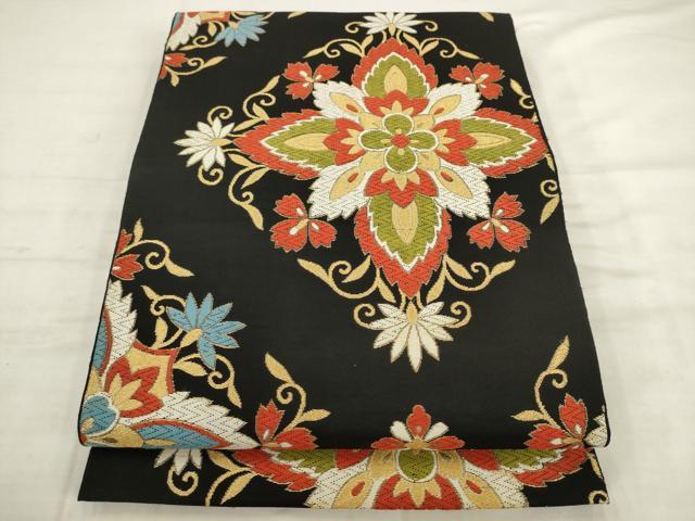 平和屋着物◎六通柄袋帯 唐織 飾花文 黒地 金糸 正絹 逸品 AABK2571pf