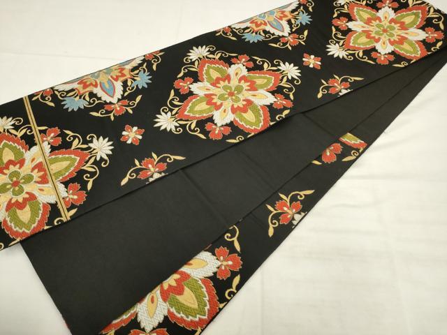 平和屋着物◎六通柄袋帯 唐織 飾花文 黒地 金糸 正絹 逸品 AABK2571pf