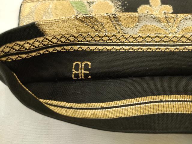 平和屋着物◎六通柄袋帯 唐織 飾花文 黒地 金糸 正絹 逸品 AABK2572pf