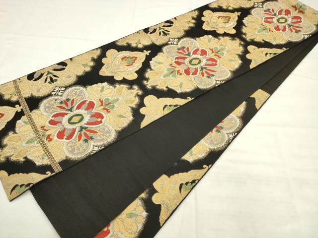 平和屋着物◎六通柄袋帯 唐織 飾花文 黒地 金糸 正絹 逸品 AABK2572pf