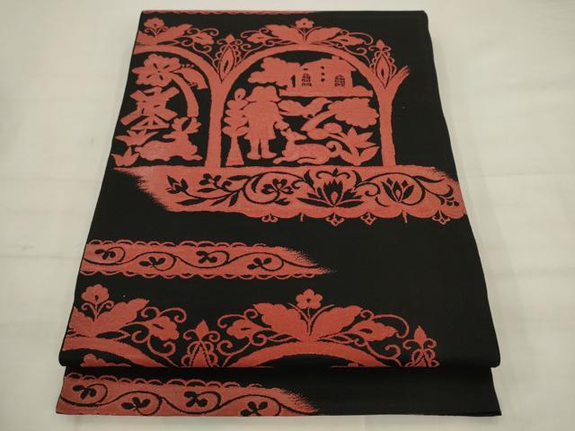 平和屋着物◎六通柄 本袋帯 人物風景文 黒地 正絹 逸品 AABK2576pf