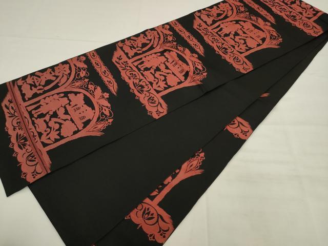 平和屋着物◎六通柄 本袋帯 人物風景文 黒地 正絹 逸品 AABK2576pf
