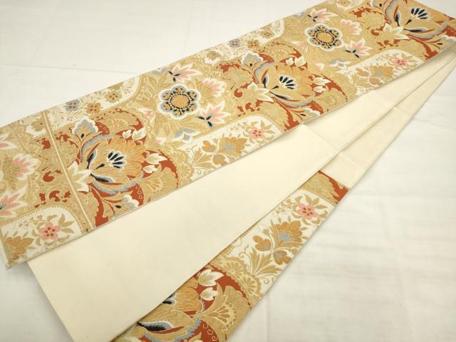 平和屋着物◎六通柄袋帯 唐織 更紗花文 金糸 正絹 逸品 AABK2578pf
