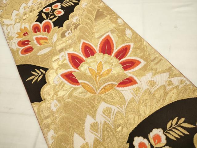 平和屋着物◎六通柄袋帯 唐織 更紗花文 黒地 金糸 正絹 逸品 AABK2583pf