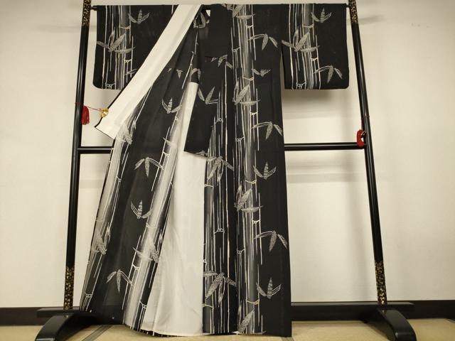 平和屋着物*夏物 小紋 絽 笹竹文 暈し染め 黒地 正絹 逸品 AABK2625jd