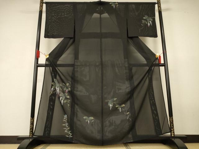 平和屋着物*夏物 訪問着 絽 枝垂れ花文 黒地 正絹 逸品 AABK2661jd