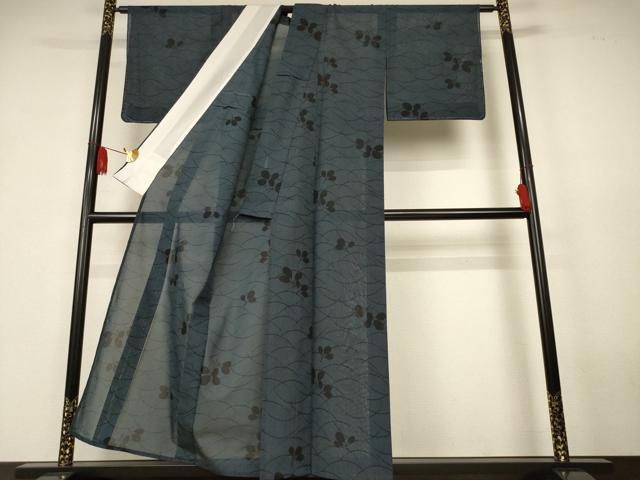 平和屋着物*夏物 小紋 紗 芝葉文 洗える着物 未使用 AABK2668jd