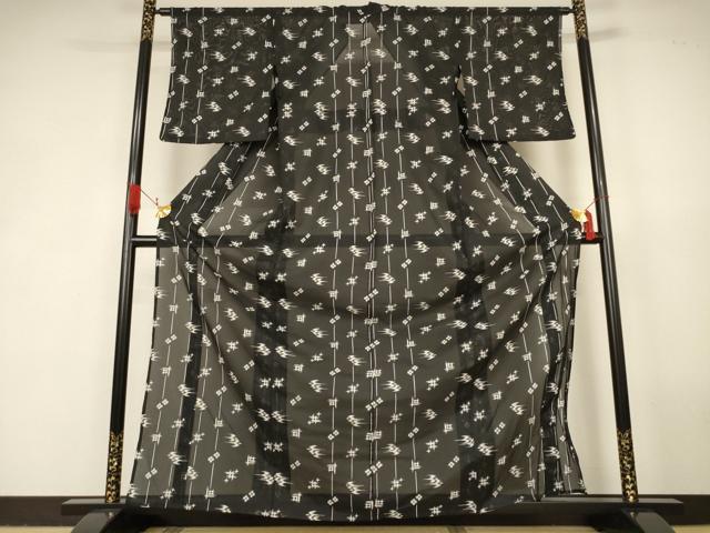平和屋着物*夏物 小紋 絽 琉球絣文 黒地 洗える着物 AABK2669jd