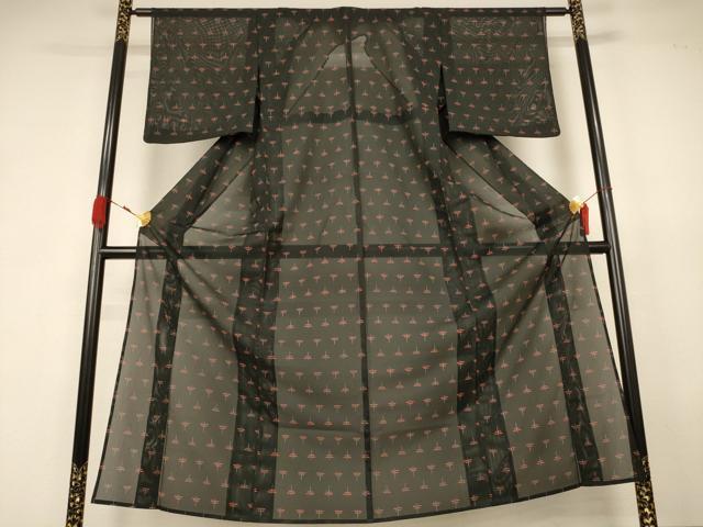 平和屋着物*夏物 小紋 絽 勝虫 黒地 洗える着物 AABK2682jd