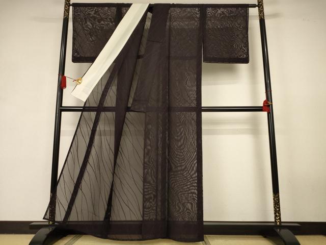 平和屋着物*夏物 色無地 よろけ斜縞紋紗 黒紅色 正絹 逸品 AABK2690jd