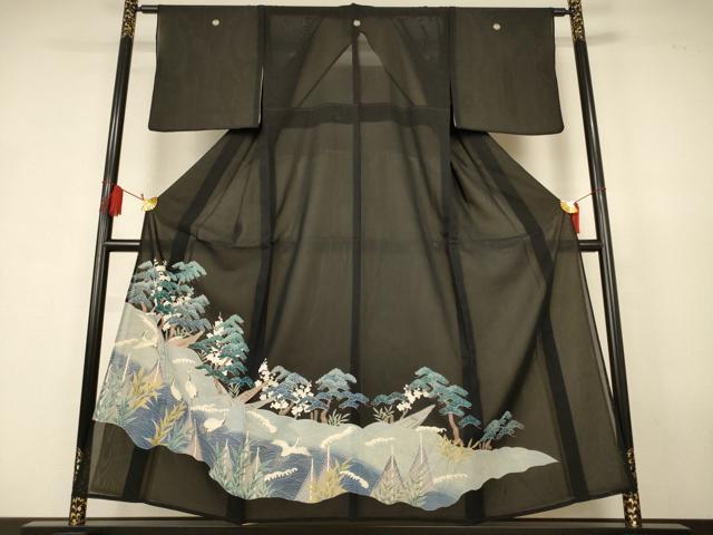 平和屋着物*夏物 黒留袖 絽 風景文 鶴 銀彩 正絹 逸品 AABK2716jd