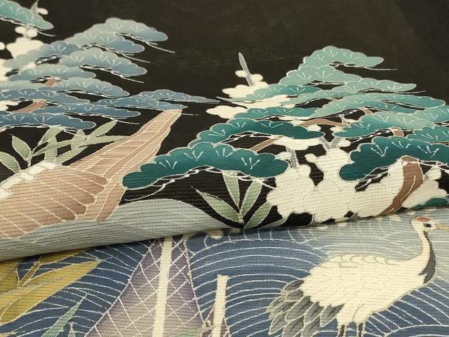 平和屋着物*夏物 黒留袖 絽 風景文 鶴 銀彩 正絹 逸品 AABK2716jd