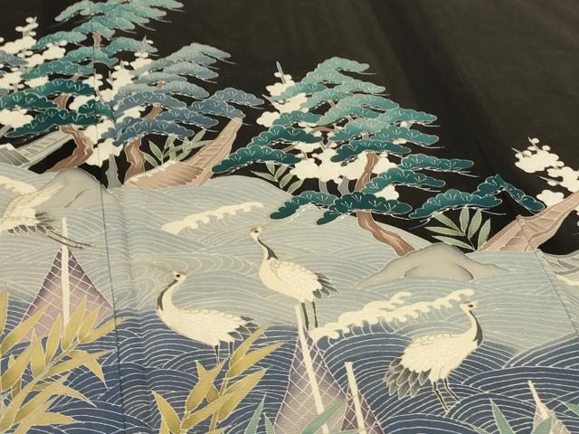 平和屋着物*夏物 黒留袖 絽 風景文 鶴 銀彩 正絹 逸品 AABK2716jd